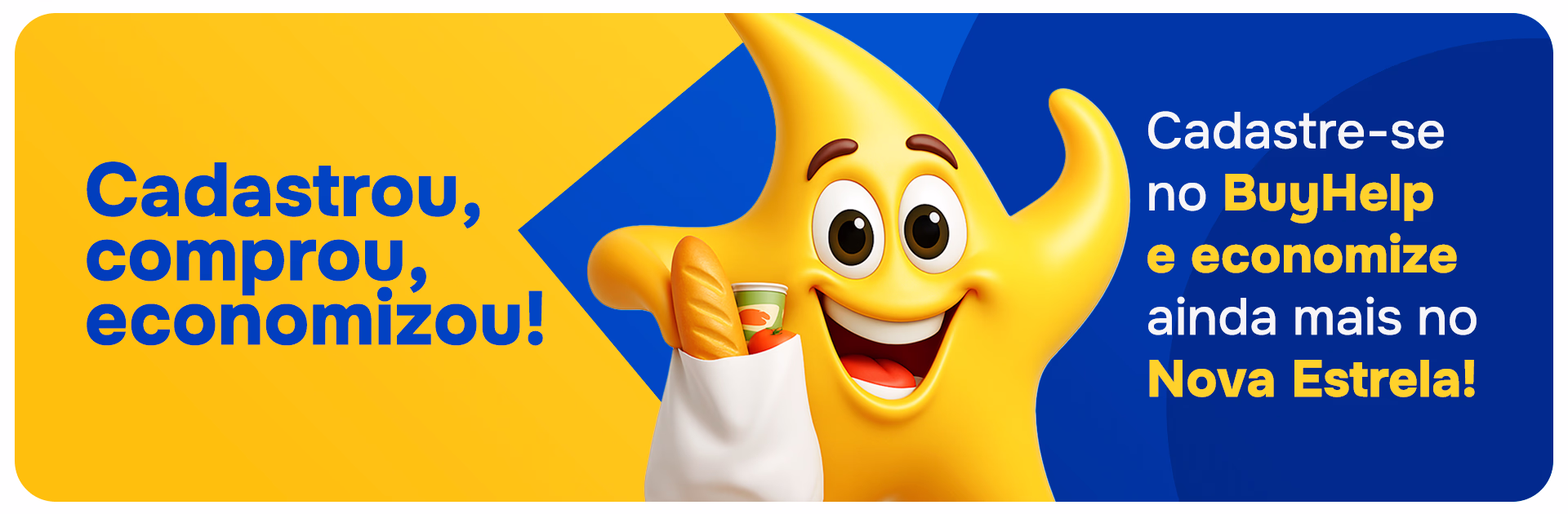 Estrela amarela sorridente segurando uma sacola de compras com pão, tomate e bebida, com texto promocional em fundo azul e amarelo.