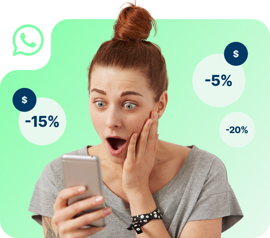 Mulher com expressão surpresa olhando para celular, com símbolos de porcentagens de desconto ao redor.